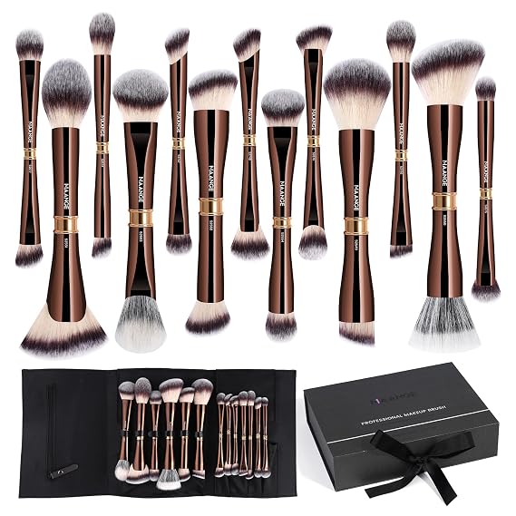 MAANGE Makeup Brush Set with Gift Box, Double-ended Makeup Brushes for Foundation Contour Powder Concealer Eyeshadows Blending, Makeup Tools, Mothers Day Gifts (Coffee Brown, 13 PCS)