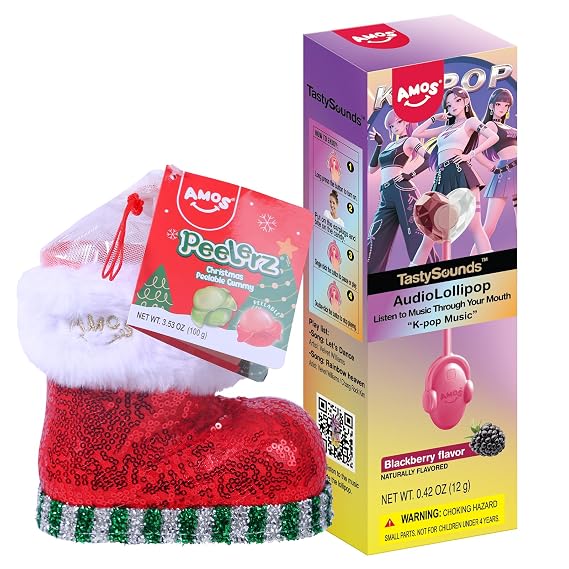 Amos Music Lollipop Candy & Boot Pouch, Lollipop Gift Bundle,Edible Candy Stocking Stuffer for Kids, Christmas Party Favor & Gift Exchange Set