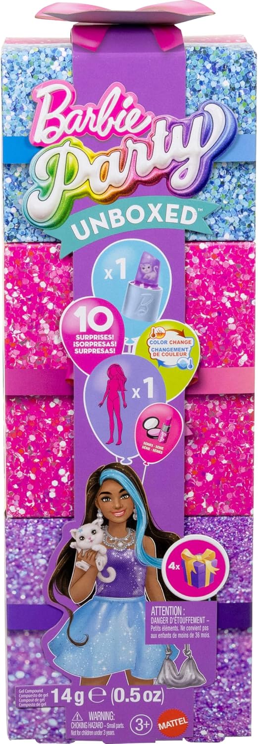 Barbie Party Pack doll and accessories, Gorgeous Party series, 10 surprises including color change, purple color and sparkle theme, JFY66