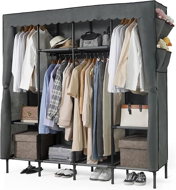 Fencer Wire Heavy Duty Garment Rack W/ Fabric Cover, Clothing Storage Organizer, Covered Portable Closet Wardrobe Clothes Rack, 67-Inch Wide, 8 Shelves