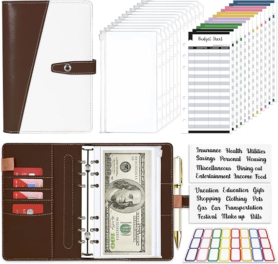 Budget Binder with Zipper Envelopes,Cash Envelopes for Budgeting,Money Organizer for Cash,Budget Binder with Cash Envelopes,28Pcs(Brown)