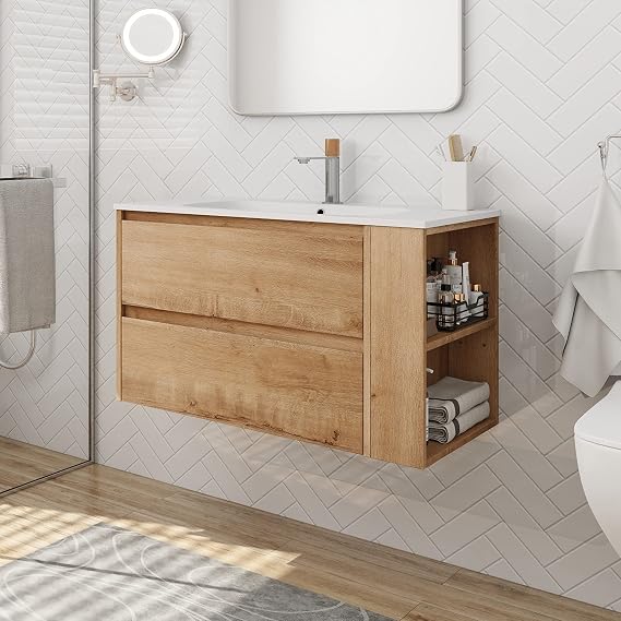30 inch Bathroom Vanity with Sink Combo, Wall Mounted Bathroom Vanity Set with White Glossy Ceramic Basin & Adjust Open Shelf, Modern Floating Bathroom Vanity for Small Space Imitative Oak