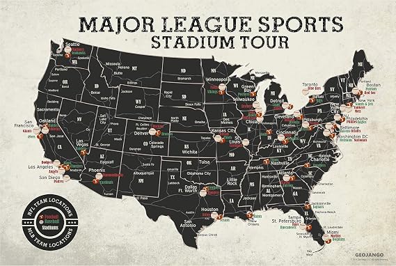 GeoJango Football & Baseball Stadium Map Poster - Vintage Edition (24Wx16H inches)