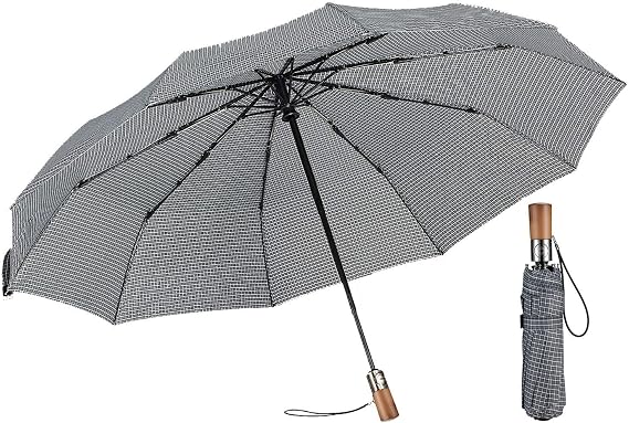 Compact Folding Umbrella,10 Ribs Business Brolly,Automatic Opening,Compatible Rainy and Sunny Weathers,Vintage Plaid and Wooden Handle Parasol