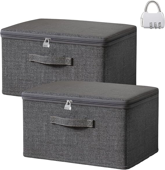 2PCS Storage Boxes with Lids,Grey Lockable Storage Box,Foldable Fabric Boxes with Reinforced Handle,Clothes Box with Zips for Bedrooms,Living Room,Office(XL 45 x 35 x 26 cm)
