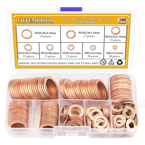 150PCS 8 Sizes Copper Metric Sealing Washers Flat Washers Assortment Kit