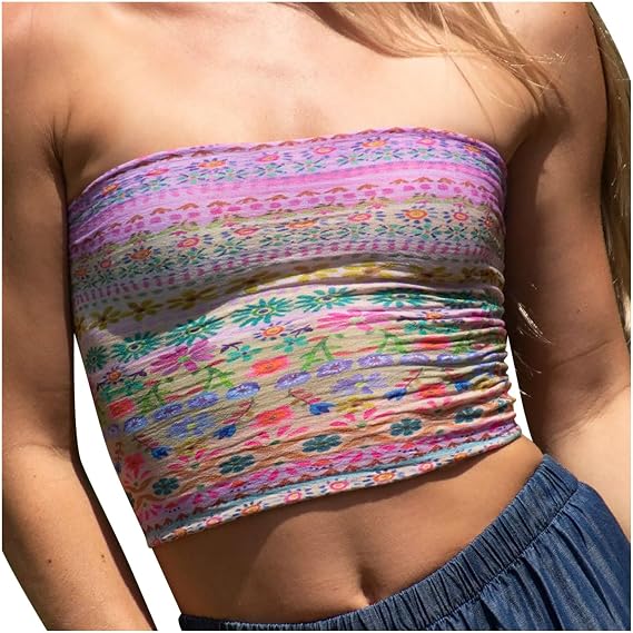 Women's Sexy Long Cami Tops Stretch Sleeveless Strapless Floral Bandeau Bra Smocked Summer Tube Tops Going Out Tops