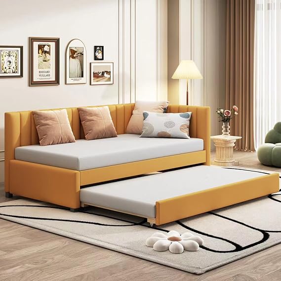 Merax Twin Size Daybed with Trundle, Linen Upholstered Sofa Bed, Solid Wood Slats Support, No Box Spring Needed, Wooden Day Bed Frame for Living Room, Apartment, Small Spaces, Yellow