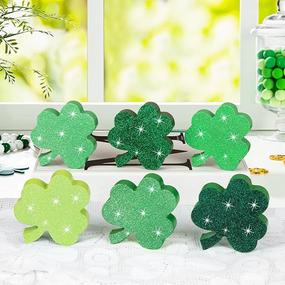 COCHIE St. Patrick's Day Shamrock Decorations, Wooden Saint Patrick Day Tiered Tray Decor Set of 6, Green Clover Table Top Decoration for Home, Shelf, Door, Office Party (Glitter Solid)