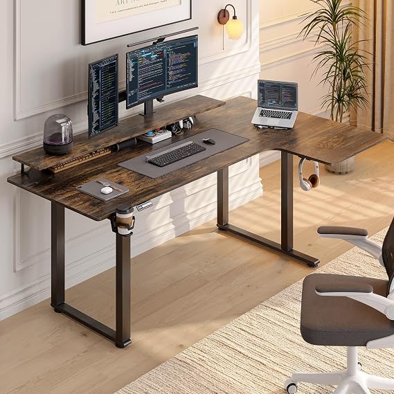 L Shaped Electric Standing Desk, 71x43'' Computer Desks with 2 Monitor Shelves, Dual Motor and Memory Controller, Gaming Corner Desk Adjustable Height from 28-46'' for Home Office, Rustic Brown