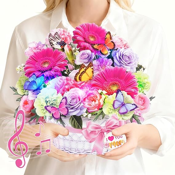 MZD8391 Birthday Card For Women with Music Lights, 3D Pop Up Daisy Bouquet