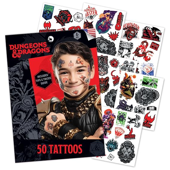 50 Dungeons & Dragons Temporary Tattoos: Skin-Safe Ink, Great for Birthday Parties and Game Nights, Boys and Girls Ages 4-12+, Made in the USA [6 sheets, 50 count]