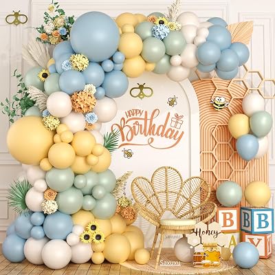 120 PCS Pastel Balloon Arch Kit, Sage Green Dusty Blue Yellow Balloon Garland, Slate Blue Smoke Green Lemon Yellow Sand White Balloons for Baby Shower Bridal Birthday Kids Party Decoration