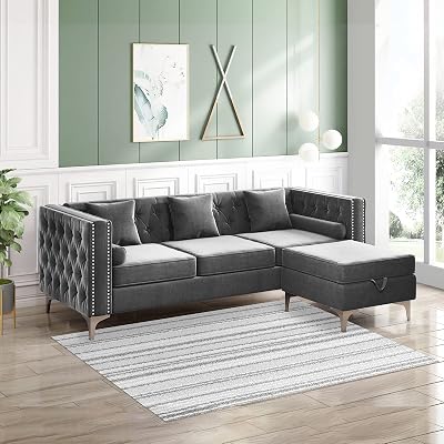 Mjkone Convertible Sectional Sofa, Velvet Upholstered L-Shaped Sofa with Throw Cushion & Bolster Cushion, Ottoman for Storage, Button Tufted & Nailhead Trim for Living Room, Apartment - Grey