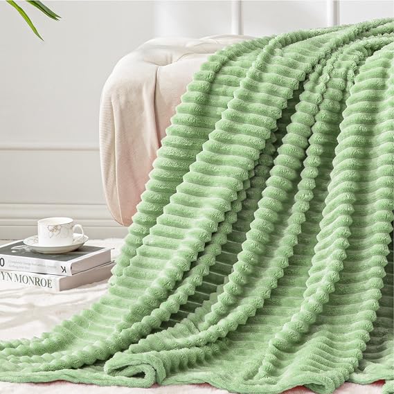 BEDELITE 3D Ribbed Apple Green Fleece Throw Blanket for Couch, 50x60 Inch