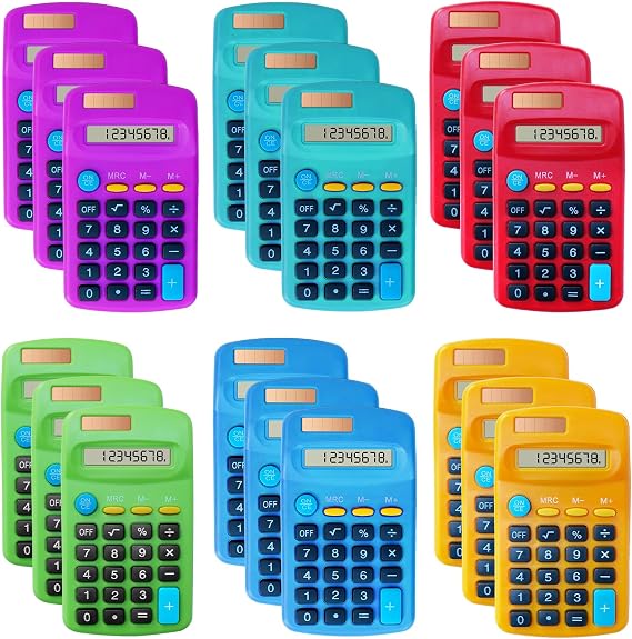 18 Pack Basic Calculators for Students, Pocket Calculator Bulk Classroom Mini Calculators Solar and Battery Dual Powered Handheld Calculator 8 Digit Display for Office School and Home (Colorful)