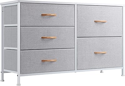 Nicehill Dresser for Bedroom with 5 Drawers, Storage Drawer Organizer, Wide Chest of Drawers for Closet, Clothes, Kids, Nursery, TV Stand with Storage Drawers, Wood Board, Fabric Drawers