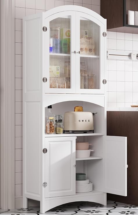 Kitchen Pantry Cabinet, Upgraded All Painted Tall Bathroom Cabinet, Modern White Kitchen Hutch W/Microwave Stand & Fluted Glass Doors, White Wooden Storage Cabinet for Living Dining Room