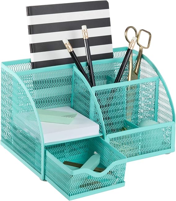 BLU MONACO Aqua Desk Organizer | Metal Turquoise Stationery Holder With Drawer and Compartments | Desktop Storage for School, Bedroom, Locker and Home | 5.5D x 8.6W x 5H Accessory Caddy