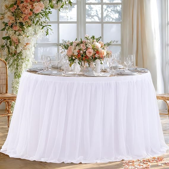 Wish Care White Tulle Tablecloths Fitted 72 Inch Round Tables Ruffle Spandex 132 inch Round Table Cloth Tutu Skirt Wrinkle Free Stretch Table Cover for Wedding Birthday Baby Bridal Shower Party Cake