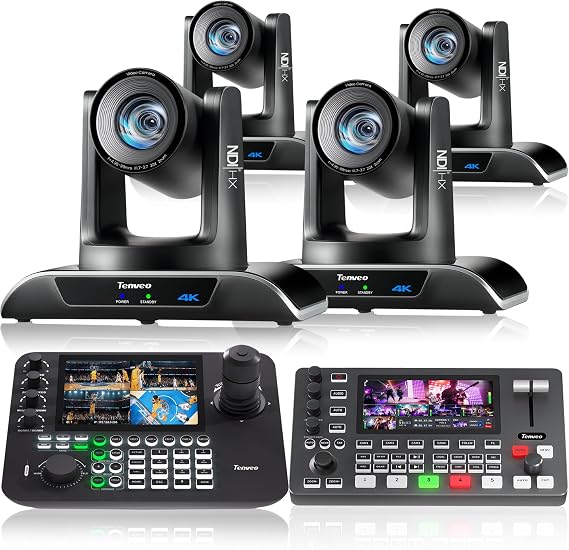 Tenveo PTZ Camera Bundle/Kits - 20X 4K NDI AI Auto-Tracking PTZ Camera(4pcs) with HDMI/USB3.0/LAN(PoE), NDI PTZ Joystick Controller and 4K HDMI + SDI Video Switcher Mixer for Live Production Events