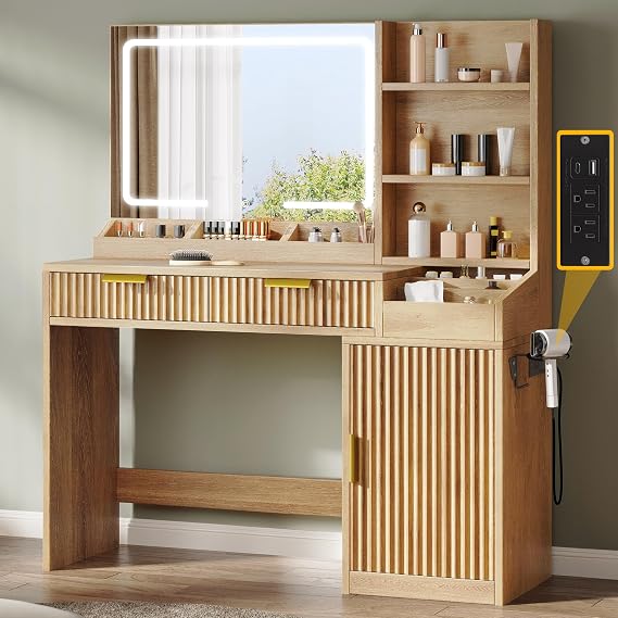 DWVO Fluted Makeup Vanity Desk with Large Mirror and Lights
