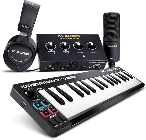 M-AUDIO Keystation Mini 32 MK3 MIDI Controller Bundle with M-Track Duo HD Audio Interface Pack for Studio Recording, Music Production, Podcasting, Streaming