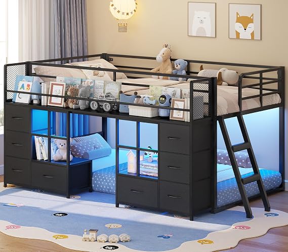 BTHFST Low Bunk Bed Twin Over Twin with 8 Fabric Drawers & Bookshelf, Black