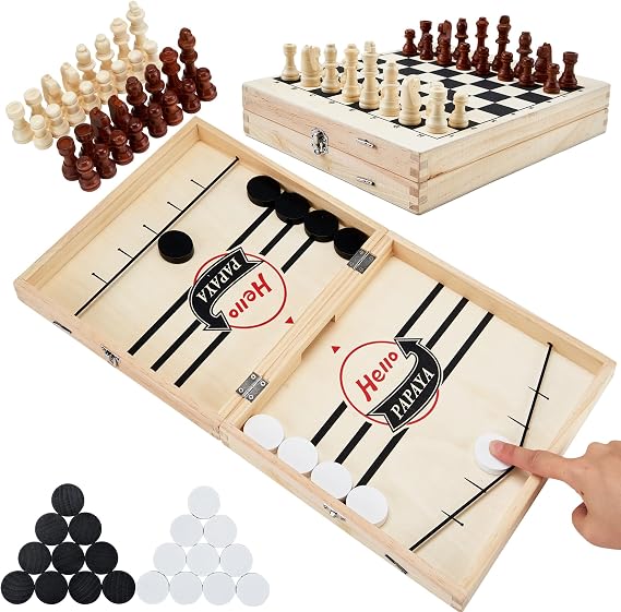 HELLO PAPAYA Foldable Fast Sling Puck Game with Chess Board and Checkers Board, Tic Tac Toe. Wooden Air Hockey Family Night,Table Games Gifts for Adults and Kids