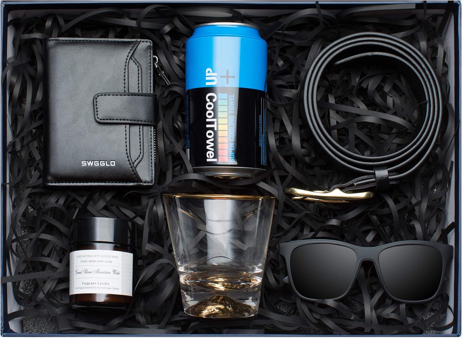 Gifts for Men - Men Gifts Set Includes Wine Glass，Belt,Wallet,Sunglasses, Scented Candle and Fitness Towel-Birthday Gifts for Men Boyfriend Him