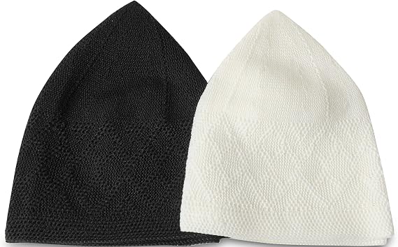 JILANI HANDICRAFT Islamic Muslim Knitting Kufi Topi Prayer Hat Crochet Taqiyah Takke Skull Cap For Prayer Namaz, Ramadan gift (White,Black)