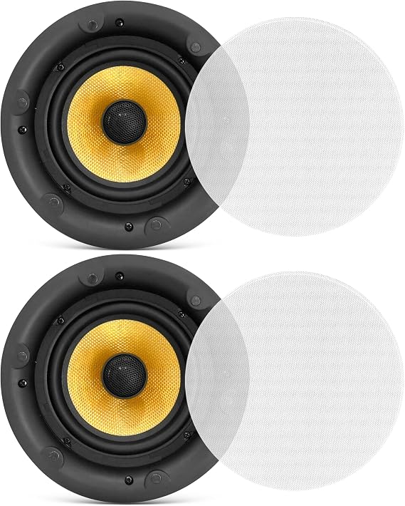 Pyle 6.5" in-Ceiling in-Wall Speakers Pair - 2-Way Hi-Fi Flush Mount Speaker Set w/Magnetic Grills, 300W Max, 8 Ohm, 70Hz-22kHz, 7.9" Cutout - PDIC68FG