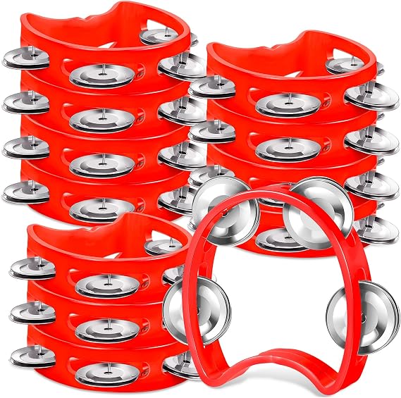 12 Pcs Tambourine for Kids 4 Bells Handheld Percussion, Red