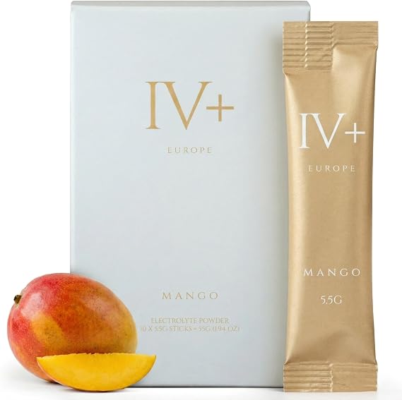 IV+ Europe - Mango Electrolytes with Organic Fruit, Glycine & Prebiotic Fiber | Premium Drink Mix for Hydration, Collagen Support & Digestive Health | No Added Sugar | 10 Count
