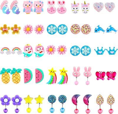 Hicdaw Kids Clip On Earrings for Girls, 2530 Pairs Party Favor Hypoallergenic Jewelry Earrings for Kids Ages 4-12, Cute Animal Clip On Earrings for Little Girls with No Ear Holes Set Mixcolor