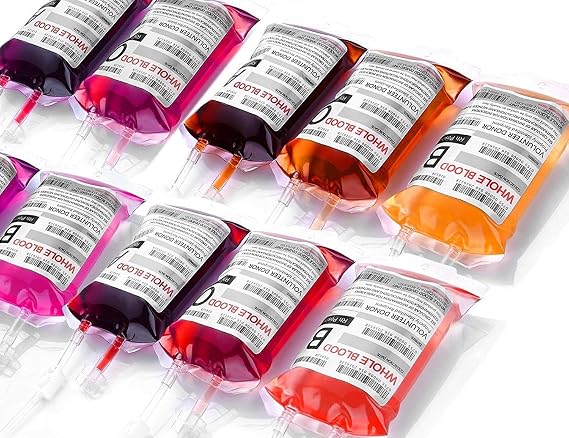 WYNK 10 Pack Blood Bags for Drinks, IV Bags for Drinks, Halloween Party Set | IV bags for drinks syringe-fill pouches, each with blood type label & leak-proof clip. Halloween party drinks & decor
