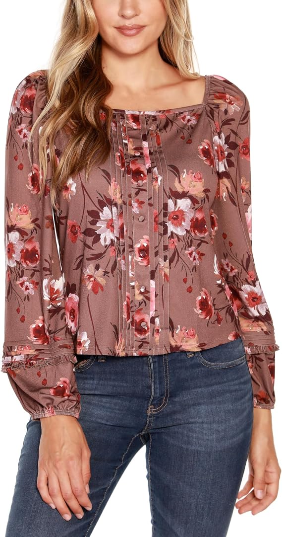 Belldini Black Label Floral Peasant Top Mocha Combo L