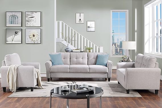 Living Room Sofa Set Linen Upholstered Couch Furniture for Home or Office,Light Grey,(1+2+3 Seat