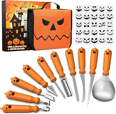 imarku Halloween Pumpkin Carving Kit, 10 PCS Professional Carving Knife with Unique Storage Bag and 25 PCS Pumpkin Carving Stencils, Stainless Carving Tools for Halloween Decorations, Home Essentials