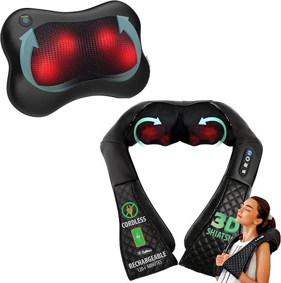 Zyllion Shiatsu Back Massager (Black) and Rechargeable Shiatsu Neck Massager (Black) Bundle