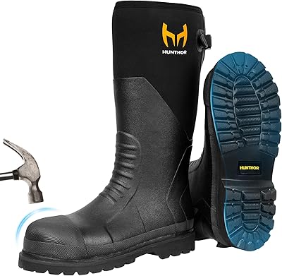 Rubber Work Boots, Puncture-Proof with Steel Toe & Shank, Lightweight Waterproof Anti Slip EVA Outsole Hunting Boots for Men, 6mm Neoprene for Construction, Manufacturing or FarmingSize 6-14