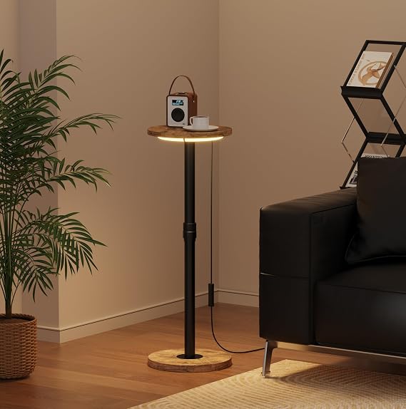 Tall Small Round Side Table with Led Light for Sofa Bed, 25cm Narrow Wood End Table Coffee Table Bedside Table Hight Adjustable 47 to 82cm for Living Room Bedroom (espresso)