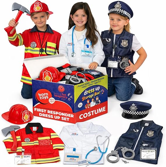 Born Toys 3-in-1 Kids Dress Up Clothes, Police, Firefighter, Doctor, 3+