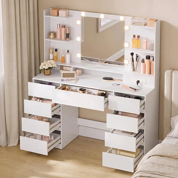 VASAGLE 43.3-Inch Vanity Desk with Mirror and Lights, 9 Drawers