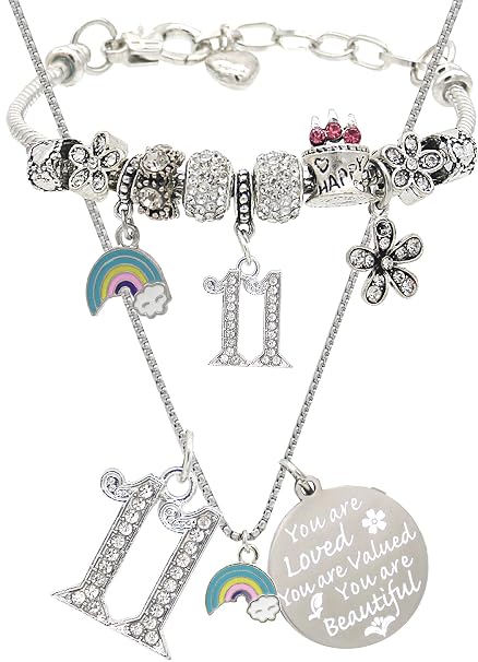 11th Birthday Charm Necklace and Bracelet Set for Girls, Number 11 Jewelry Gift, 316L Stainless Steel, Adjustable Chain and Bracelet, Rainbow Charm, Birthday Outfit Accessory