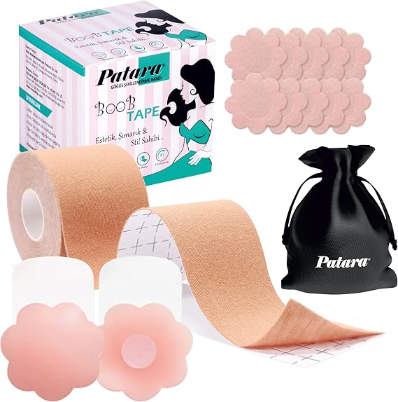Patara Premium Breast Lift Tape Set | 5cm x 5m | 8 Satin + 2 Silicone Pads | Water Resistant | Hypoallergenic | Skin Color