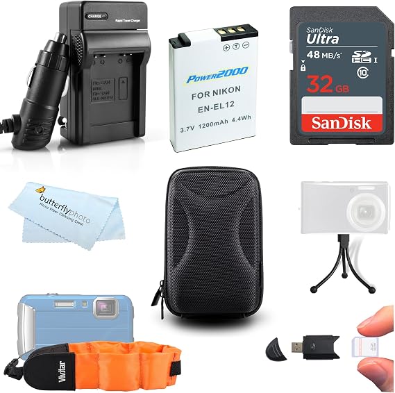 32GB Accessories Kit For Nikon COOLPIX AW120, AW110, AW130, W300 Waterproof Digital Camera Includes 32GB High Speed SD Memory Card + Replacement EN-EL12 Battery + AC/DC Charger + Case + Much More