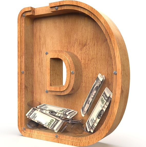 Piggy Bank for Kids Boys Girls, Large Personalized Wooden Letter Piggy Bank with Cut-Out Design, Alphabet Letter Coin Banks, Money Savings Box, Wooden Bank for Kids Creative Gifts for Real-Money(D)