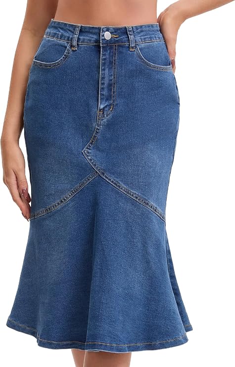 Womens Bodycon Fishtail Denim Skirt High Waisted Ruffled Knee Length Jean Skirt