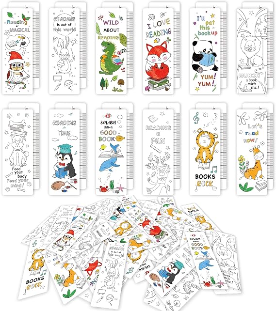 Anseal 60 PCS Color Your Own Bookmarks Bulk, DIY Bookmarks for Kids/Teens, Cute Animal Bookmarks for Reading Lover, 12 Styles Fun & Personalized Bookmark for Students, Classroom Rewards Supplies